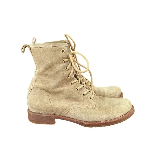 Frye‎ Veronica Combat Boots Suede Lace-up Women's 9.5 B 3472273 Beige Military - Picture 2 of 8